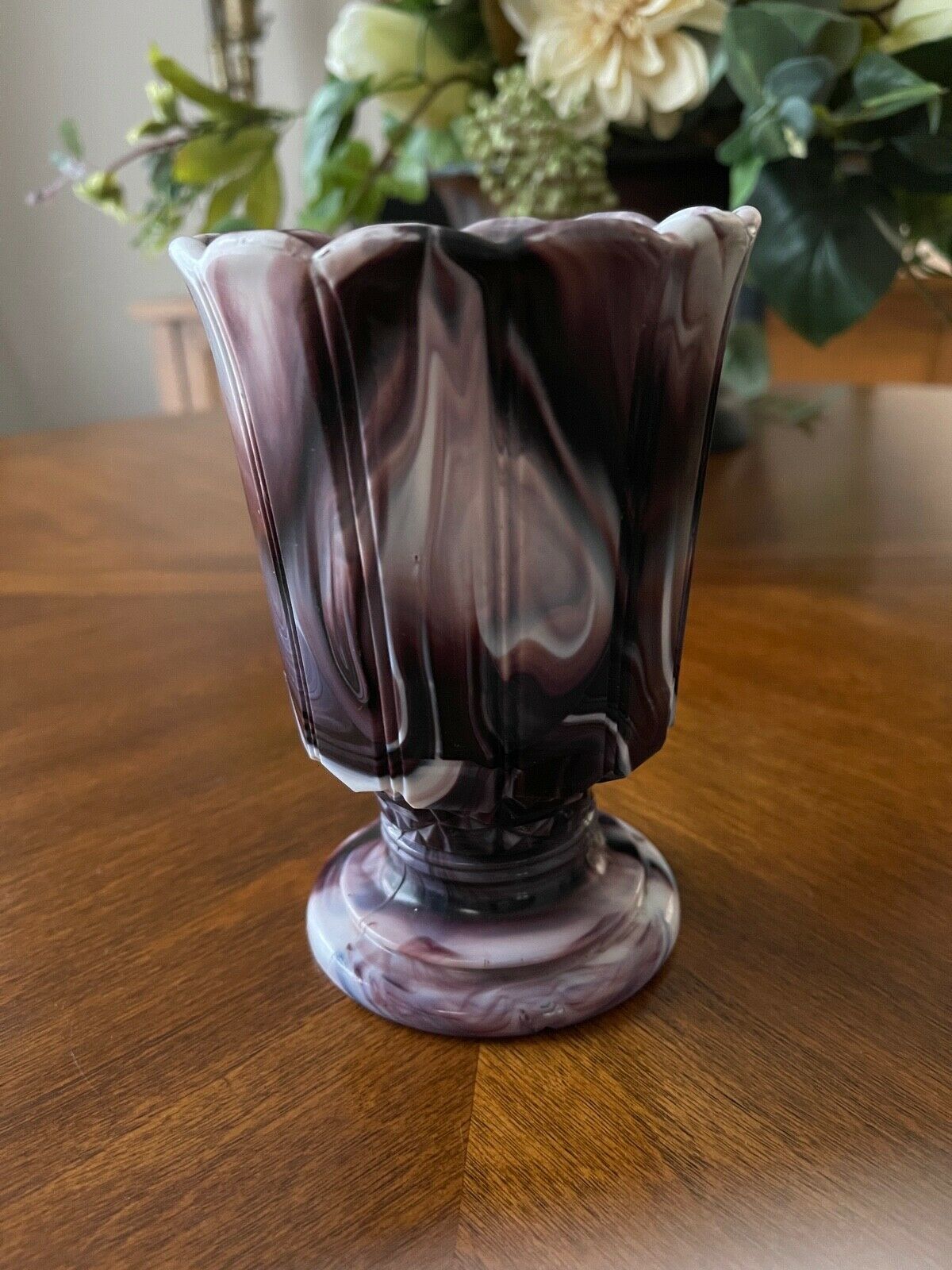 Vintage Purple and White Slag Milk Glass Pedestal Vase Ribbed 5 1/2