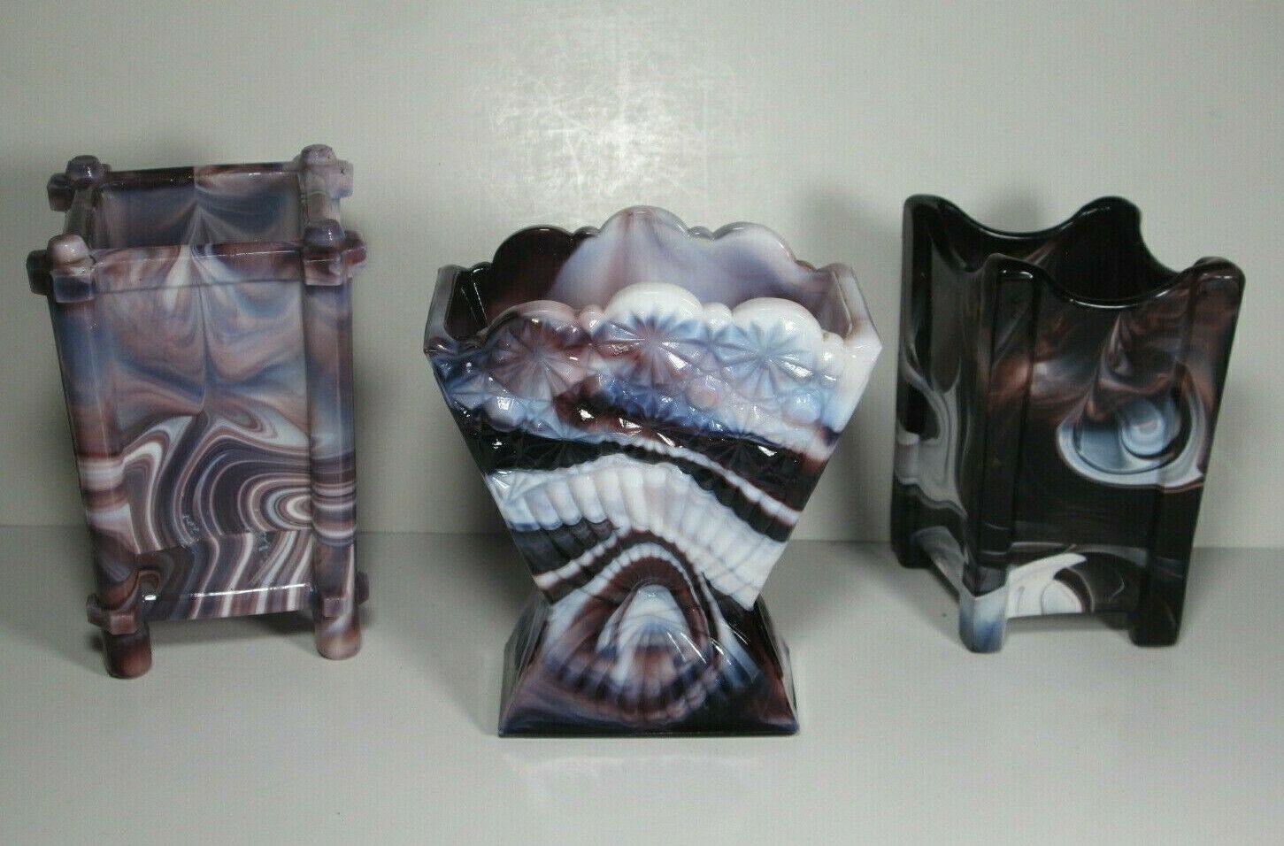 EAPG Purple Slag Glass Vase Lot of 3, Victorian Fan + Square + Diamond, Amethyst