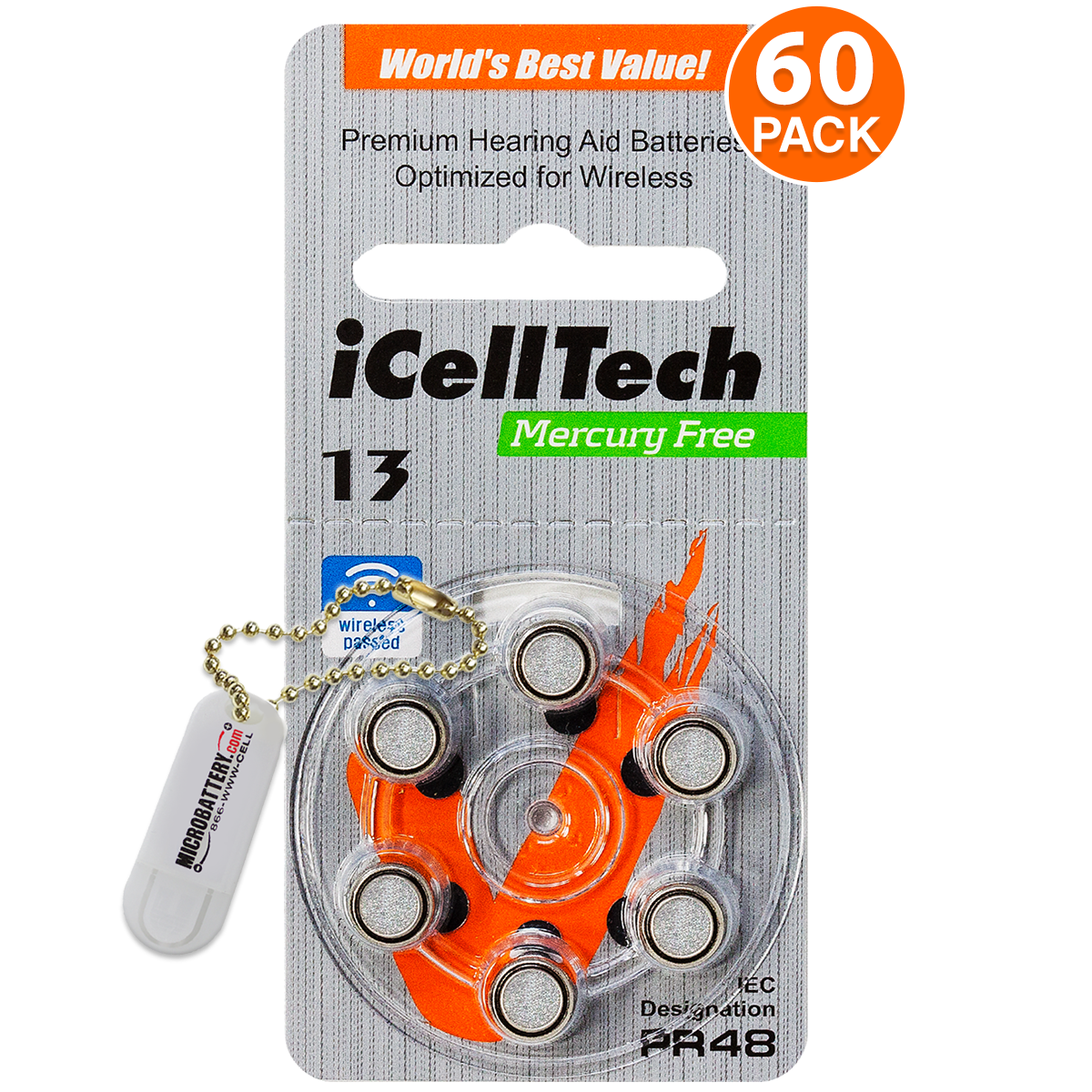 Icelltech Size 13 P13 Hearing Aid Batteries + Free Battery Buddy (60 Pack)
