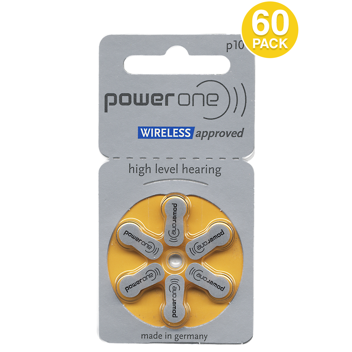 Power One Size 10 Mercury Free 1.45v Hearing Aid Batteries P10 Pr70 (60 Pack)