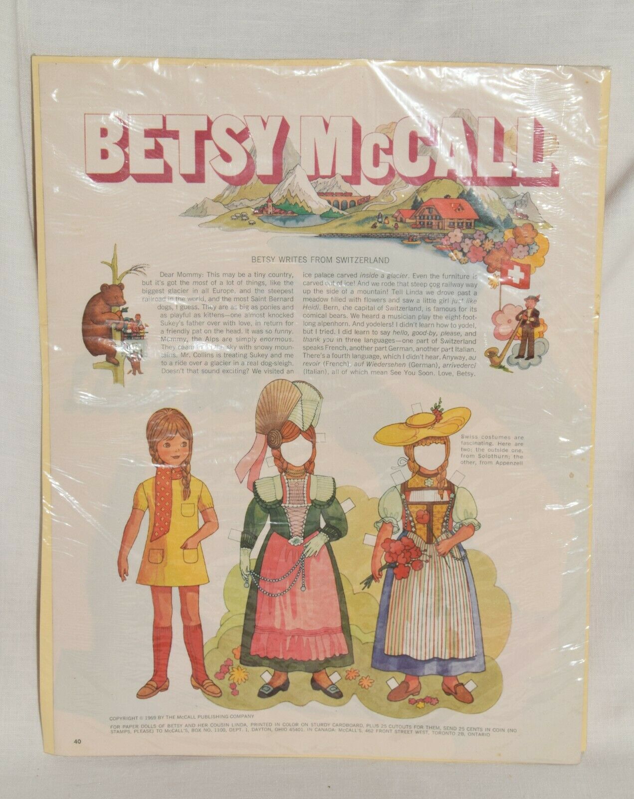 Vintage Betsy McCall Mag. Paper Doll, Betsy Writes from Switzerland, Sept. 1969