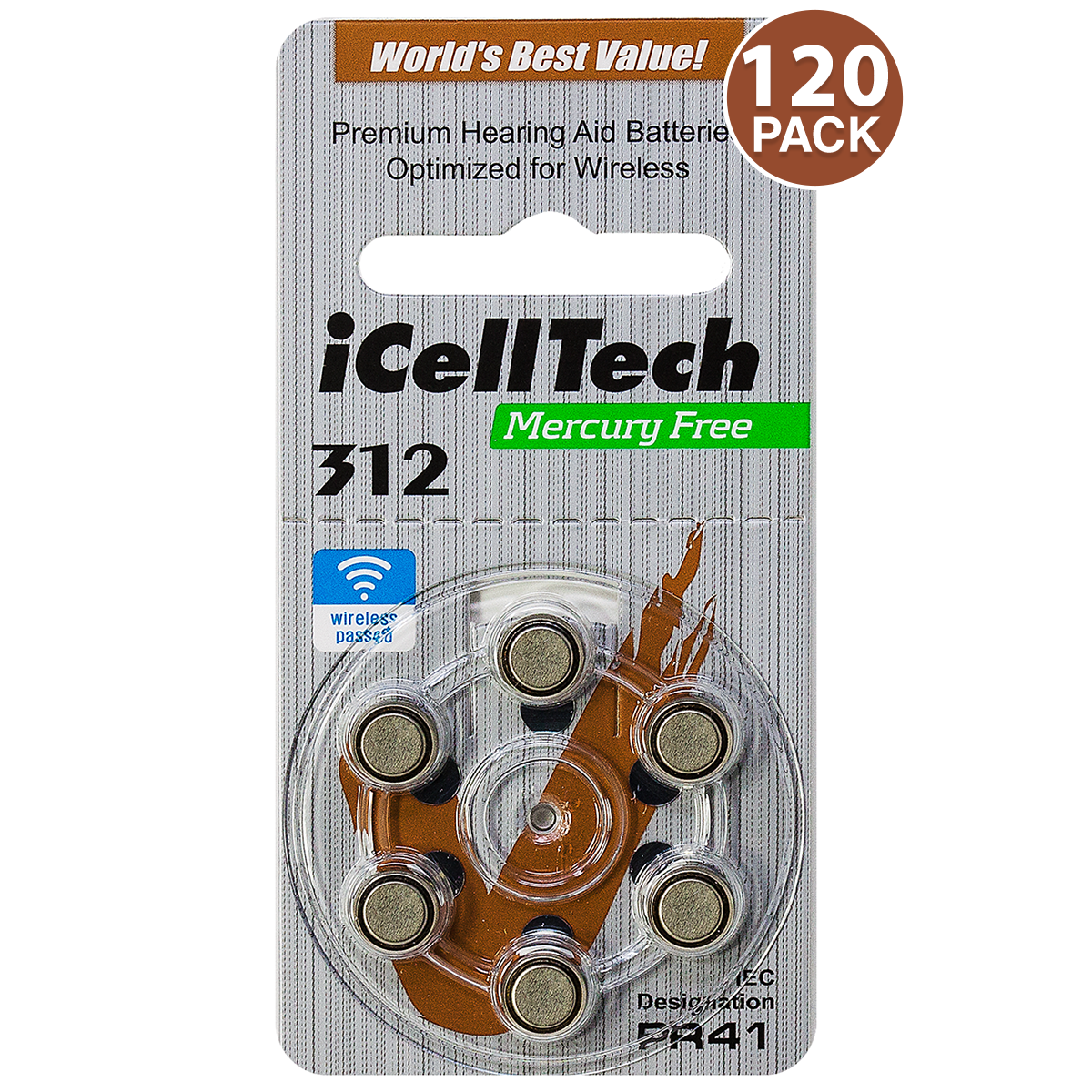 Icelltech Size 312 Pr41 P312 Zinc Air Mf Hearing Aid Batteries (120 Pack)