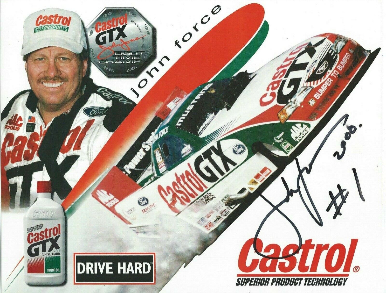 John Force Signed NHRA Castrol Ford Mustang 8.5x11 Photo