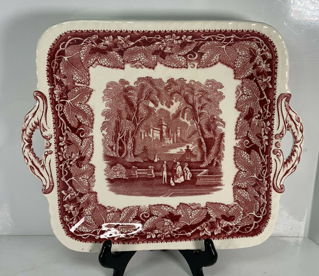 Vintage MASON'S Vista Ironstone Transfer ware 2 Handled Square Cake Plate Red