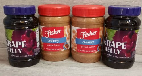 Lot Of 2 Fisher Creamy Peanut Butter & Lot Of 2 Grape Jelly 18 Oz. Each