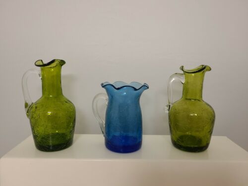 VINTAGE LOT 3 SMALL CRACKLE GLASS MINI PITCHERS Hand Blown MCM Green Blue