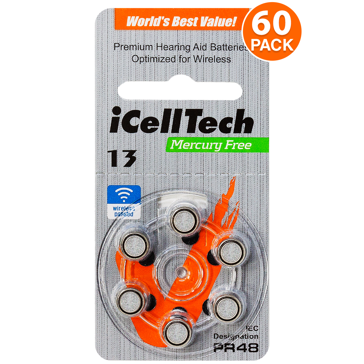 Icelltech Size 13 Pr48 P13 Mf Zinc Air Hearing Aid Batteries (60 Pack)