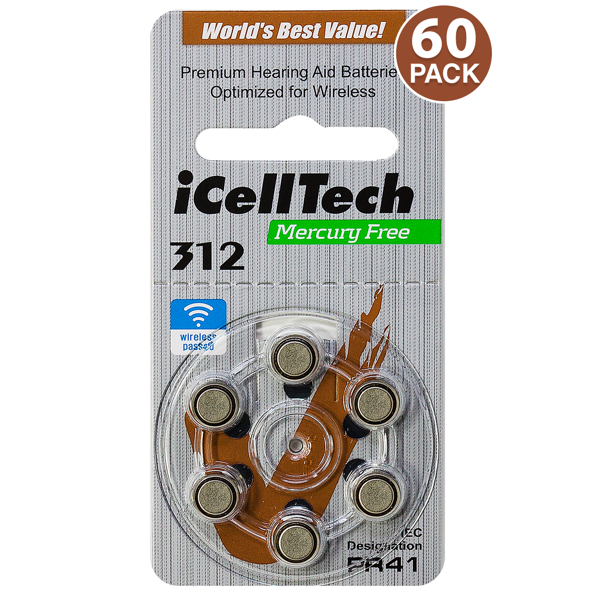 Icelltech Size 312 Pr41 P312 Mf Zinc Air Hearing Aid Batteries (60 Pack)