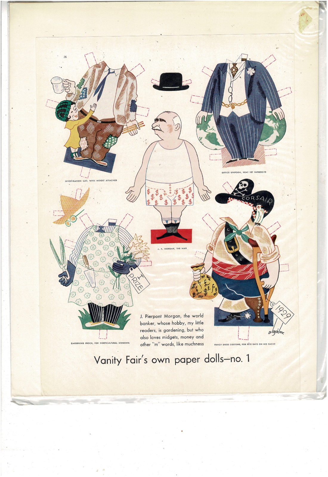1929 VANITY FAIR PAPER DOLL AND CLOTHES JP MORGAN CONSTANTIN ALAHOV AD PRINT I23