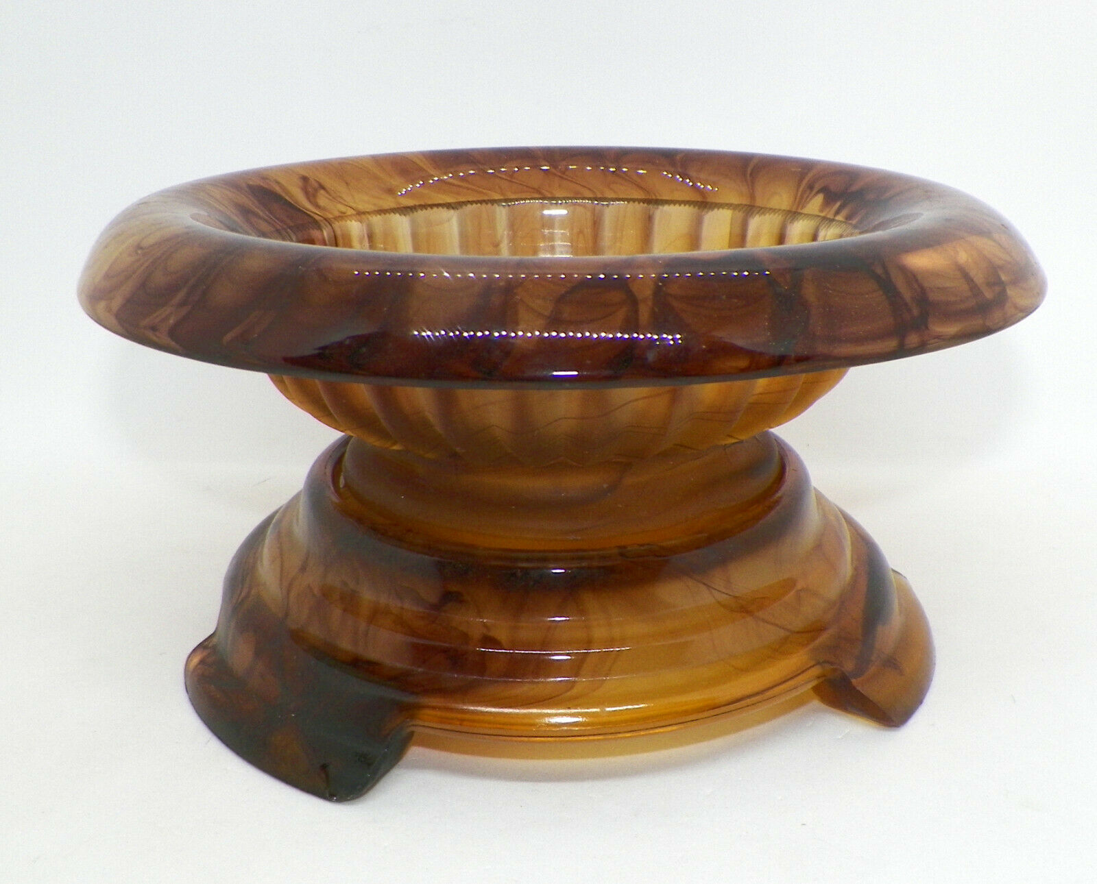 Vintage Rolled Slag Glass Centerpiece Console Bowl on Base, tortoise brown