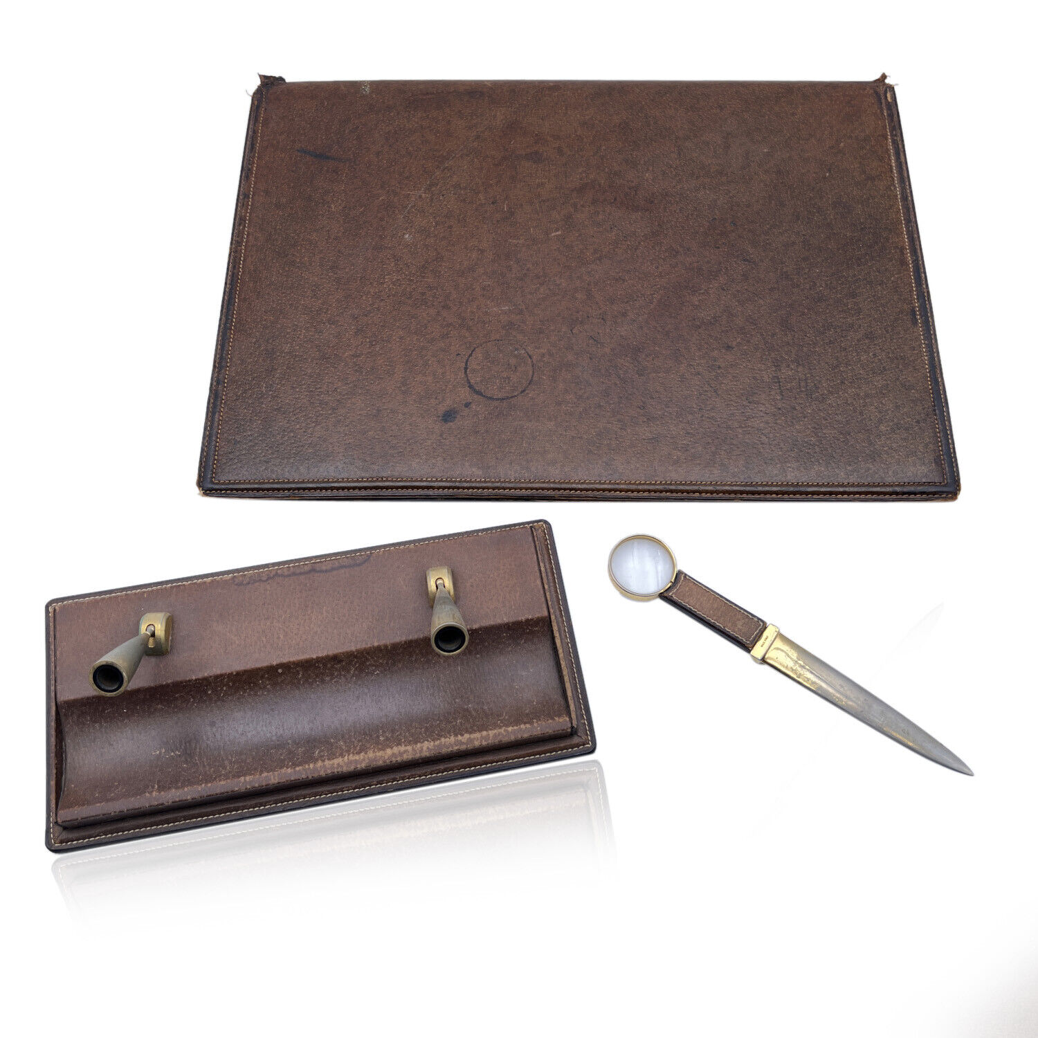 Authentic Gucci Vintage Brown Leather Desk Set Blotter Pen Holder Opener