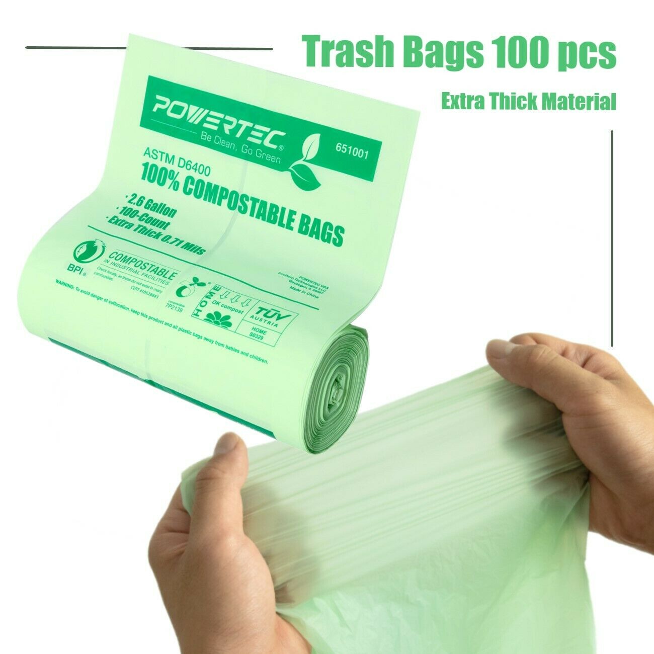 POWERTEC 100 Small Garbage Trash Bags/Compostable Bags -2.6 Gallon 0.71 Thick