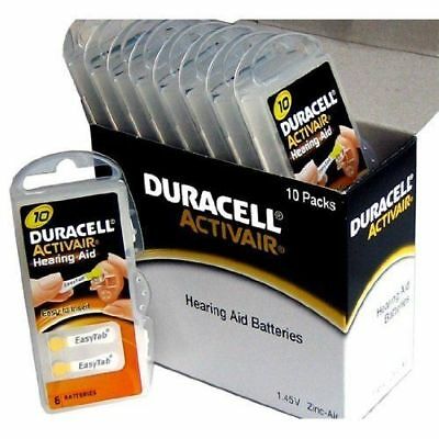 60 x Duracell Activair Size 10 Hearing aid batteries Zinc air 10 Packs of 6