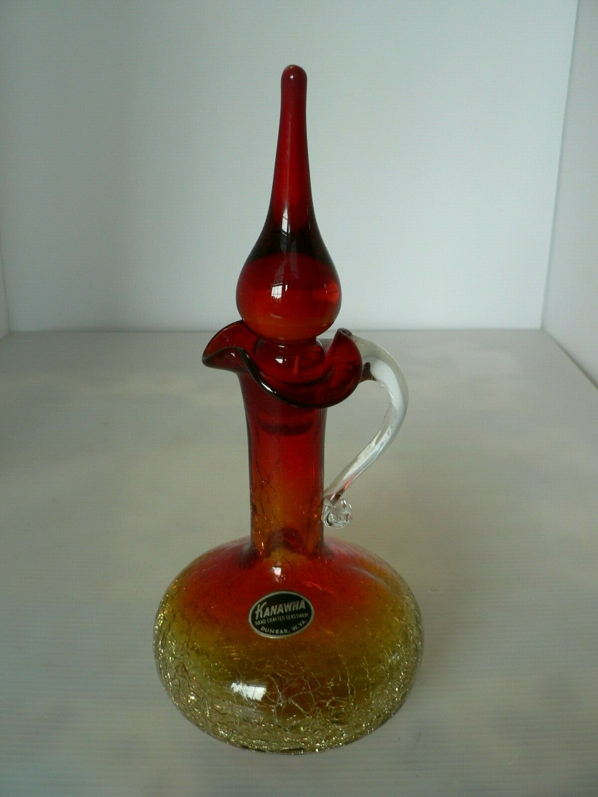 VINTAGE KANAWHA RED/AMBER CRACKLE GLASS CRUET WITH FLAME STOPPER - MINT