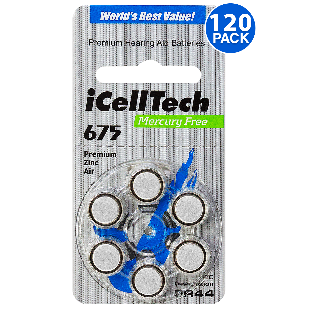 iCellTech Size 675 PR44 P675 Zinc Air MF Hearing Aid Batteries (120 Pack)
