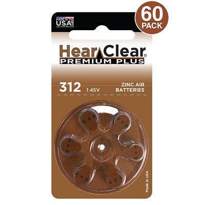 Hearclear Size 312 Hearing Aid Batteries | Mf 1.45v | Made In Usa (60 Pack)